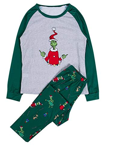 SOMTHRON Familien Weihnachtsanzug Grinch Druck Pyjama Set Schlafanzug Langarm Shirt und Pyjamahose(GR2,M) von SOMTHRON