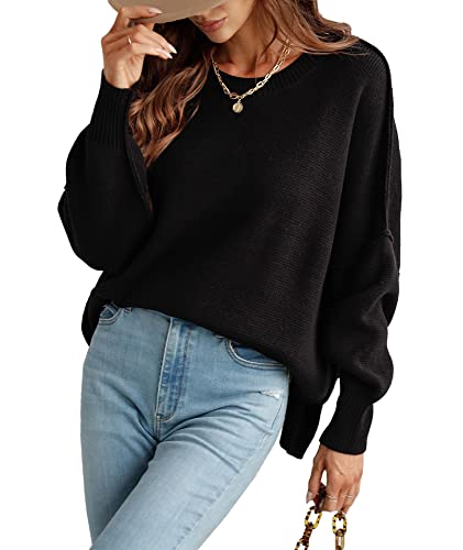 SOMTHRON Fledermaus-Langarm-Oversized-Pullover mit Seitenschlitz und geripptem Strick für Damen mit Rundhalsausschnitt(BL,M) von SOMTHRON