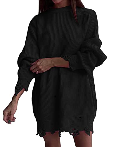 SOMTHRON Frauen übergroße Pullover lässig Rundhalsausschnitt Langarm hohl aus lose gerissen gestrickt Pullover (BL,L) von SOMTHRON