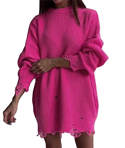 SOMTHRON Frauen übergroße Pullover lässig Rundhalsausschnitt Langarm hohl aus lose gerissen gestrickt Pullover (RO,M) von SOMTHRON