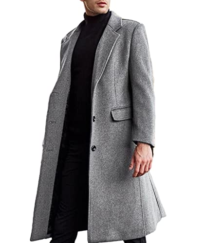 SOMTHRON Herren Casual Slim Fit Trenchcoat Lange Jacke Notch Collar Trenchcoat Einreihiger Mantel Winter Warm Outerwear mit Taschen(GY,XL) von SOMTHRON