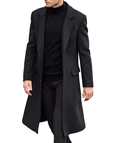 SOMTHRON Herren Casual Woll-Trenchcoat Slim Fit gekerbter Kragen Lange Jacke Übermantel Einreiher Erbsenmantel mit Taschen, schwarz, Large von SOMTHRON