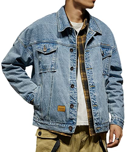 SOMTHRON Herren Classic Denim Trucker Jacke Casual Washed Distressed Lose Langarm Revers Button Down Jeansjacke Mantel Outwear(BE,2XL) von SOMTHRON