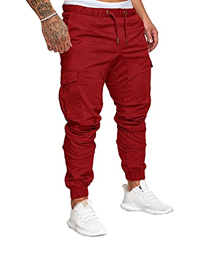 SOMTHRON Herren Elastische Taille Gürtel Baumwolle Jogging Sweat Hosen Plus Size Mode Lange Sports Cargo Hosen Shorts mit Taschen Joggers Activewear Hosen, L, Weinrot von SOMTHRON