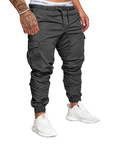 SOMTHRON Herren Elastische Taille Gürtel Baumwolle Jogging Sweat Hosen Plus Size Mode Lange Sports Cargo Hosen Shorts mit Taschen Joggers Activewear Hosen, Dark Grey, 4XL von SOMTHRON