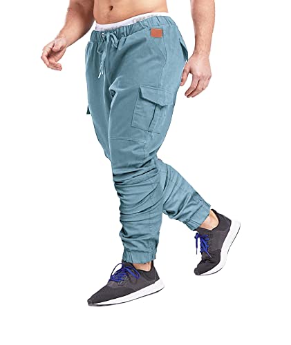 SOMTHRON Herren Elastische Taille Gürtel Baumwolle Jogging Sweat Hosen Plus Size Mode Lange Sports Cargo Hosen Shorts mit Taschen Joggers Activewear Hosen, L, Blau von SOMTHRON