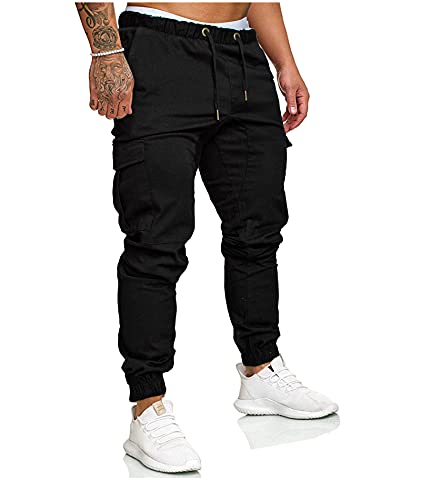 SOMTHRON Herren Elastische Taille Gürtel Baumwolle Jogging Sweat Hosen Plus Size Mode Lange Sports Cargo Hosen Shorts mit Taschen Joggers Activewear Hosen, Black, XXL von SOMTHRON