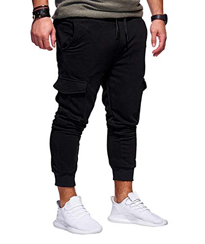 SOMTHRON Herren Elastische Taille Gürtel Baumwolle Jogging Sweat Hosen Plus Size Mode Lange Sports Cargo Hosen Shorts mit Taschen Joggers Activewear Hosen BL-L von SOMTHRON