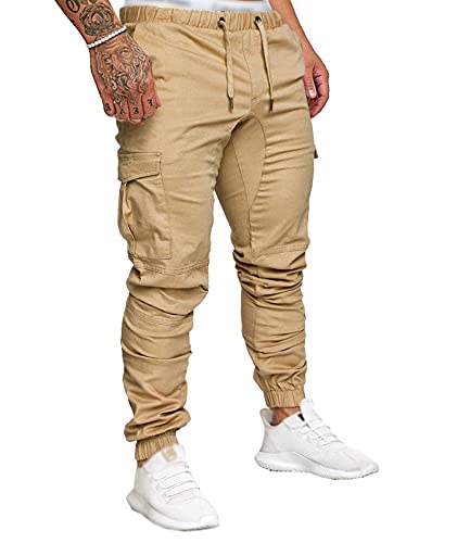 SOMTHRON Herren Elastische Taille Gürtel Baumwolle Jogging Sweat Hosen Plus Size Mode Lange Sports Cargo Hosen Shorts mit Taschen Joggers, XXL, Khaki von SOMTHRON