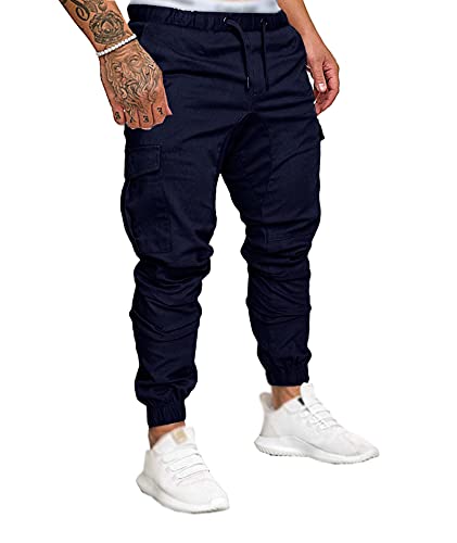 SOMTHRON Herren Elastische Taille Gürtel Baumwolle Jogging Sweat Hosen Plus Size Mode Lange Sports Cargo Hosen Shorts mit Taschen Joggers Activewear Hosen, Dark Blue, XXL von SOMTHRON