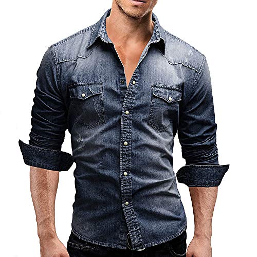 SOMTHRON Herren Jeanshemden Langarm Denim Hemd Slim Fit Freizeit Shirt M-3XL(GY,3XL) von SOMTHRON