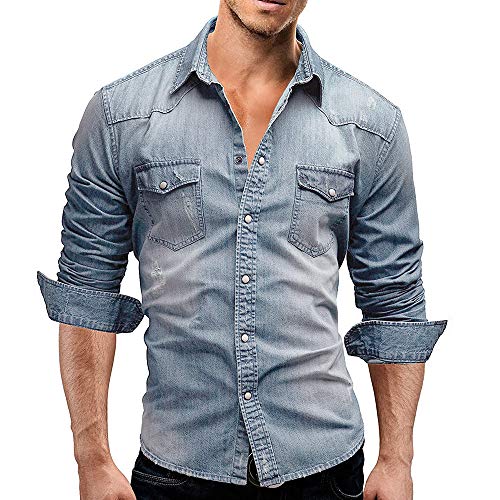 SOMTHRON Herren Jeanshemden Langarm Denim Hemd Slim Fit Freizeit Shirt M-3XL(LB,M) von SOMTHRON