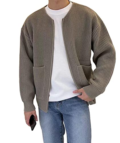 SOMTHRON Herren Strickjacke Pullover Full Zip Up Rundhalsausschnitt Solid Loose Cable Knit Sweater with Pockets KH-L von SOMTHRON