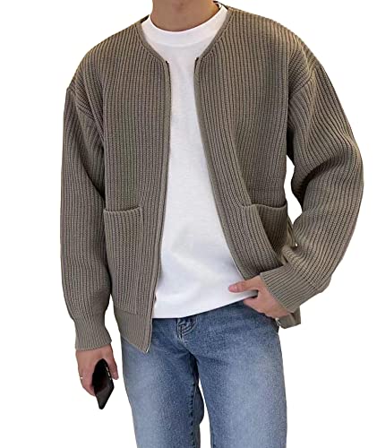 SOMTHRON Herren Strickjacke Pullover Full Zip Up Rundhalsausschnitt Solid Loose Cable Knit Sweater with Pockets KH-XL von SOMTHRON