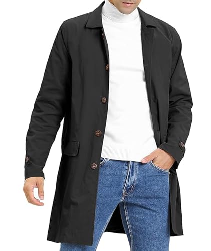 SOMTHRON Herren Trenchcoat Slim Fit Einreihiger Windbreaker Revers Lange Jacke Casual Business Winddicht Mantel, Schwarz, XX-Large von SOMTHRON