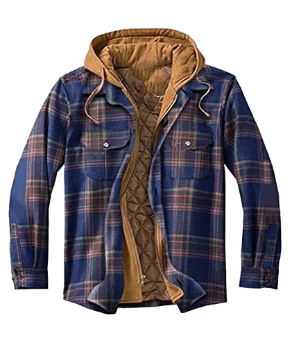 SOMTHRON Herren gesteppte gefütterte Flanell-Hemdjacke mit Kapuze Mode Langarm verdicken karierten Mantel Outwear mit Taschen(ZQ-3XL) von SOMTHRON