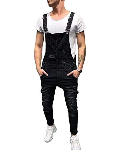 SOMTHRON Herrenmode Destroyed Denim Distressed Latzhose Slim Fit Jumpsuit Jeans Destroyed Skinny Hosenträger Hosen Arbeitslatzhose mit Taschen(BL,XL) von SOMTHRON