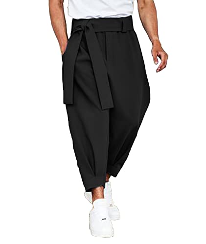 SOMTHRON Herrenmode Neunte Hose Elastische Taille Einfarbig Lockere Passform Legging Lässige Hose Jogginghose mit Gürtel(BL,L) von SOMTHRON