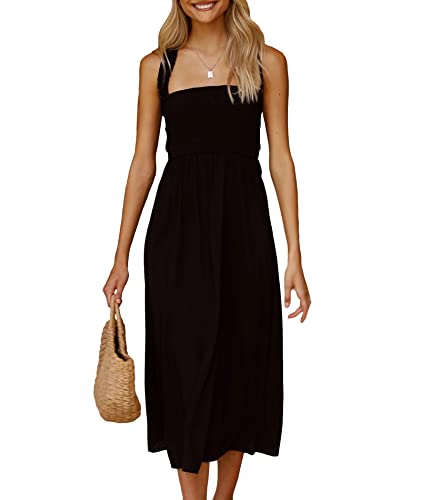 SOMTHRON Midikleid mit eckigem Ausschnitt und Binderücken für Damen gekreuzte Träger A-Linie gesmoktes ärmelloses Kleid(BL,L) von SOMTHRON