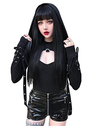 SOMTHRON Pullover Weibliche Herbst Casual Fashion Cropped Langarm Gothic Hoodies für Damen Patchwork Mit Kapuze Streetwear Halloween Sweatshirt Short Crop Top Sexy Hoodies Verband Metall Pullover 2020 von SOMTHRON