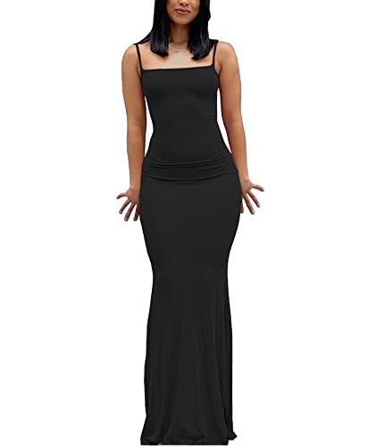 SOMTHRON Sexy Spaghettiträger für Damen figurbetontes Maxikleid lässige ärmellose tief geschnittene Dehnbare Lange Slingkleider(BL2,2XL) von SOMTHRON