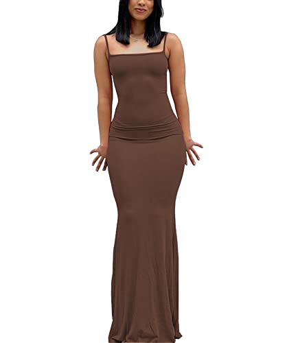 SOMTHRON Sexy Spaghettiträger für Damen figurbetontes Maxikleid lässige ärmellose tief geschnittene Dehnbare Lange Slingkleider(BR2,S) von SOMTHRON