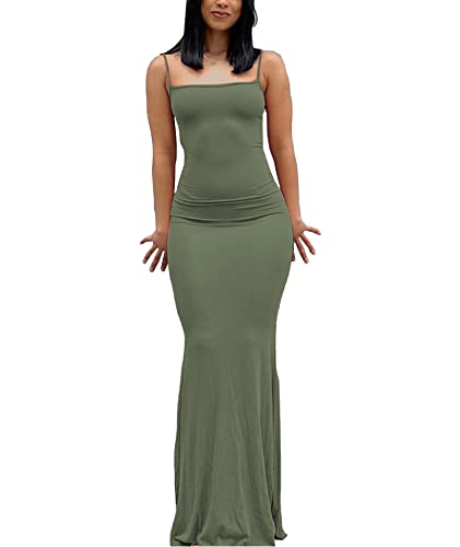 SOMTHRON Sexy Spaghettiträger für Damen figurbetontes Maxikleid lässige ärmellose tief geschnittene Dehnbare Lange Slingkleider(GR2,XS) von SOMTHRON