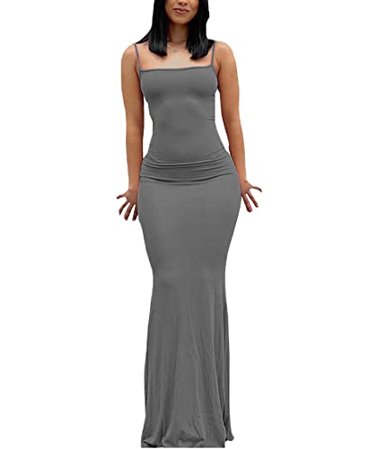 SOMTHRON Sexy Spaghettiträger für Damen figurbetontes Maxikleid lässige ärmellose tief geschnittene Dehnbare Lange Slingkleider(GY2,S) von SOMTHRON