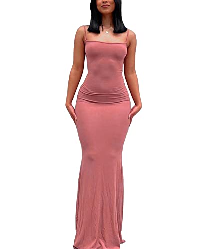 SOMTHRON Sexy Spaghettiträger für Damen figurbetontes Maxikleid lässige ärmellose tief geschnittene Dehnbare Lange Slingkleider(PI2,M) von SOMTHRON