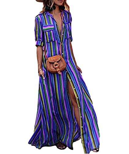 SOMTHRON Sommerkleid Damen Casual Maxikleid Sommer Regenbogen Druck Lang Boho Kleid mit Tasche Streifen Retro Hippie Strandkleid Partykleid Swingkleid mit Tasten von SOMTHRON