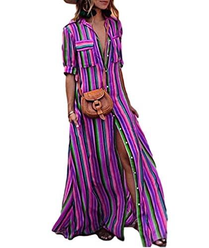 SOMTHRON Sommerkleid Damen Casual Maxikleid Sommer Regenbogen Druck Lang Boho Kleid mit Tasche Streifen Retro Hippie Strandkleid Partykleid Swingkleid mit Tasten von SOMTHRON