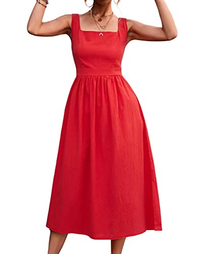 SOMTHRON Spaghettiträger-Midikleid mit eckigem Ausschnitt für Damen ärmelloses rückenfreies gesmoktes Gerafftes A-Linien-Swing-Kleid(RE,S) von SOMTHRON
