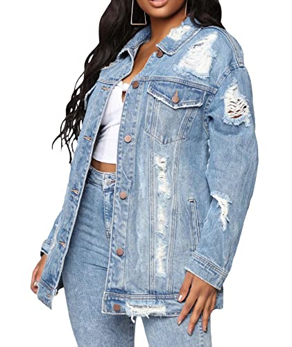 SOMTHRON Zerrissene Distressed-Jeansjacke für Damen verwaschene blaue Jeansjacke Trenchcoat Outwear mit Taschen(LB,XL) von SOMTHRON