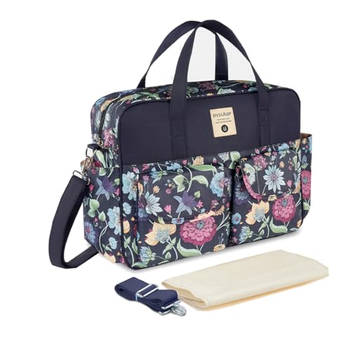 SONARIN Große Kapazität Multifunktionale Baby Wickeltasche,Wasserdicht Reise Wickeltasche Umhängetasche Tragetasche Henkeltaschen Babytasche mit Schultergurte & Wickelunterlage(Dunkelviolett-Blume) von SONARIN