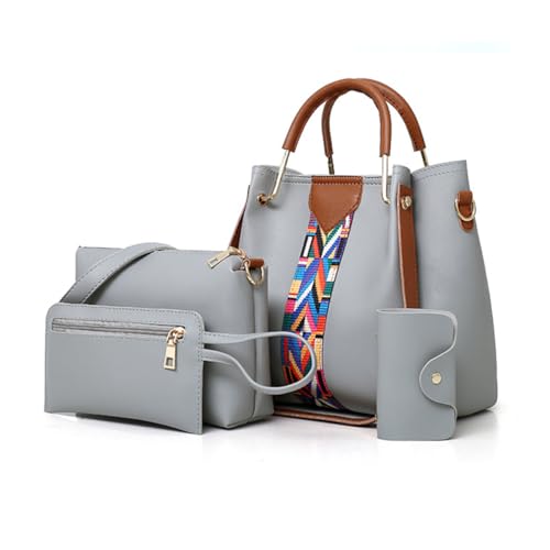SONARIN Handtaschen Damen,4-Teiliges Set Henkeltasche Umhängetasche Geldbörse Kartenhalter,Mode PU-Leder Frauen Taschen Tragetasche Schultertasche für Arbeit Reise Täglich(Grau) von SONARIN