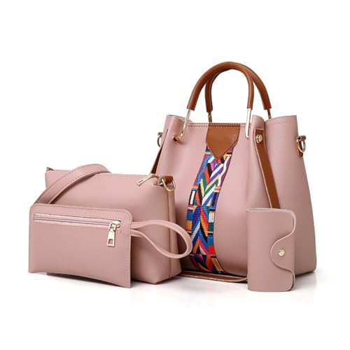 SONARIN Handtaschen Damen,4-Teiliges Set Henkeltasche Umhängetasche Geldbörse Kartenhalter,Mode PU-Leder Frauen Taschen Tragetasche Schultertasche für Arbeit Reise Täglich(Rosa) von SONARIN