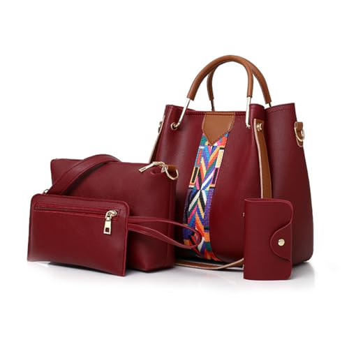 SONARIN Handtaschen Damen,4-Teiliges Set Henkeltasche Umhängetasche Geldbörse Kartenhalter,Mode PU-Leder Frauen Taschen Tragetasche Schultertasche für Arbeit Reise Täglich(Rot) von SONARIN