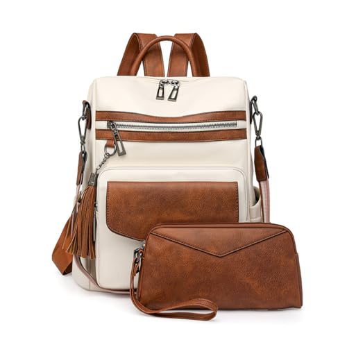 SONARIN PU Rucksack Tasche Damen,Wasserdicht Mode Damen Rucksack mit Geldbeutel Cityrucksack Tagesrucksack Handtasche,Convertible Umhängetasche für Schule Arbeit Reisen(Weiß+Braun) von SONARIN