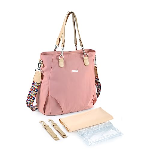 SONARIN Stilvolle Wasserdichte Baby Wickeltasche,Große Kapazität Tragbare Reise Wickeltasche Umhängetasche Tragetasche Henkeltaschen Babytasche mit Kinderwagen Haken & Wickelunterlage(Rosa) von SONARIN