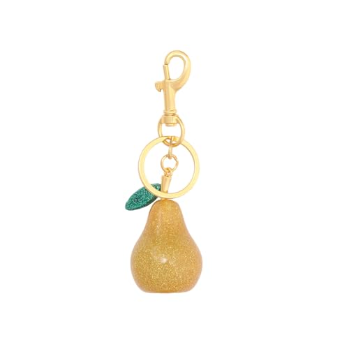 SONGCHANGJEWELRY Goldener Glitzer Birne Schlüsselanhänger mit grünem Blatt Akzent - Harz Obst Charm mit goldfarbenem Verschluss - Ein strahlendes Geschenk für Natur- und Stilliebhaber von SONGCHANGJEWELRY