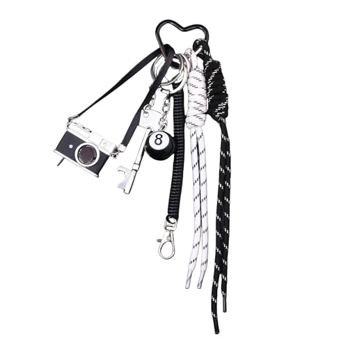Schwarz-Weiß-Straßen-Schlüsselanhänger Zubehör - Multi-Charm Tasche baumeln mit Kamera, 8-Ball, Seil & Herz-Clip - Trendiges Geschenk für Modeliebhaber von SONGCHANGJEWELRY