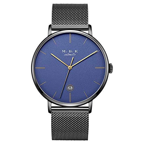 MBK Herren Automatische Mode Armbanduhr Datum Analog mit Edelstahlband, Blau - Schwarz von SONGDU