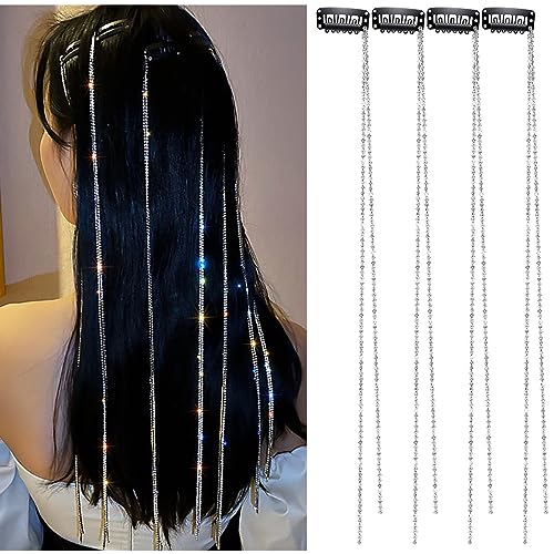 SONGJIE Haarketten für Frauen, 4 Stück Strass Quaste Silber Haarspangen Haarverlängerungen Dekorative Haarspange Haarnadel für Mädchen Nachtclub Party Kopfbedeckung von SONGJIE
