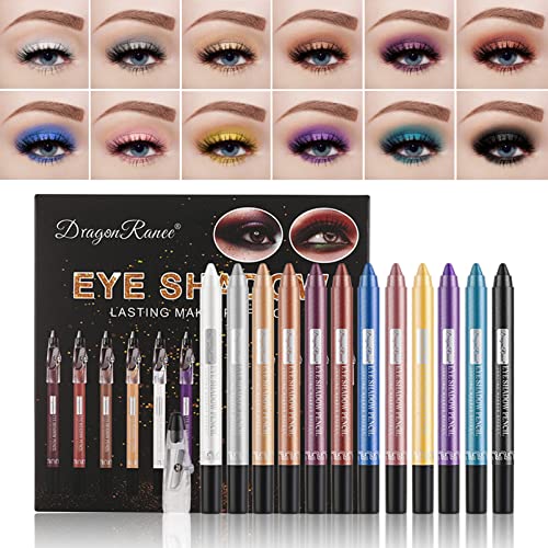 12 Farben Glitzer Lidschatten Stift Set, Dauerhaft Wasserdicht Lidschatten - Matte Lidschatten Stift Set mit Anspitzer - Metallic Glitter Creme Eyeliner Schimmernder Augen Schminke von SONGQEE