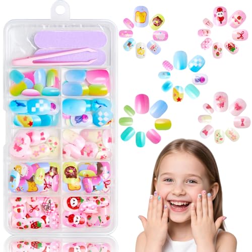 120 Stück Nägel aufdrücken für Kinder - 5 Style künstlichen falschen Nägeln Set mit Jelly Kleber - Blau Rosa Ungiftige Fake Nail Press on Nails für Mädchen Kleinen Händen Damen (A Set) von SONGQEE