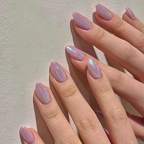 24 Stück Künstliche Nägel - Mandel Nägel Zum Aufkleben Kurz - Glossy Glitzer French Fingernägel mit Violet Polarlicht Design - False Nails für Damen und Frauen (Lila Aurora) von SONGQEE