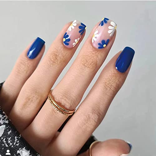 24 Stück Lang künstliche Nägel zum aufkleben - Fake Nails mit Nail Glue - Quadratisch False Nails für Frauen & Mädchen (Cute Blue Flower) von SONGQEE