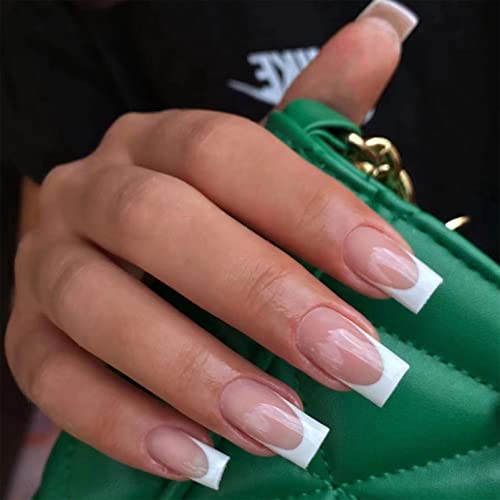 24 Stück Lang künstliche Nägel zum aufkleben - Fake Nails mit Nail Glue - Quadratisch False Nails für Frauen & Mädchen (Long White French Design) von SONGQEE