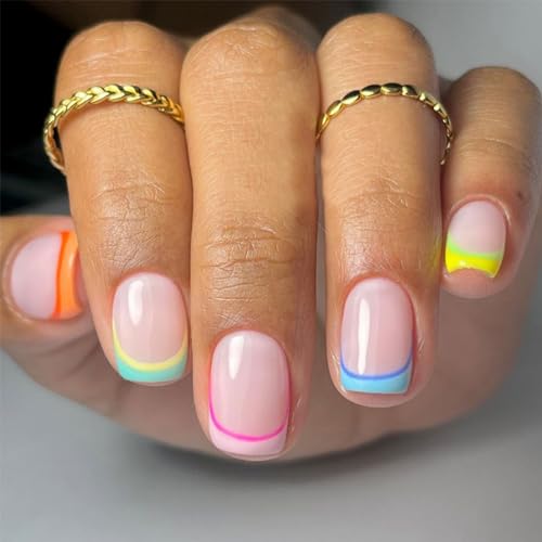 24 Stück Lang künstliche Nägel zum aufkleben - Fake Nails mit Nail Glue - Quadratisch False Nails für Frauen & Mädchen (Multicoloured Style) von SONGQEE