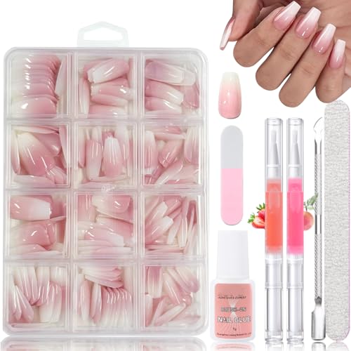 240 Stück Falsche Nägel Zum Aufkleben, Coffin Rosa Gradient Medium Künstliche Fingernägel - Nagel Tips Set mit 2 Pcs Nagelöl Stift - Fake Nails mit Kleber für Frauen (Rosa Gradient Coffin) von SONGQEE